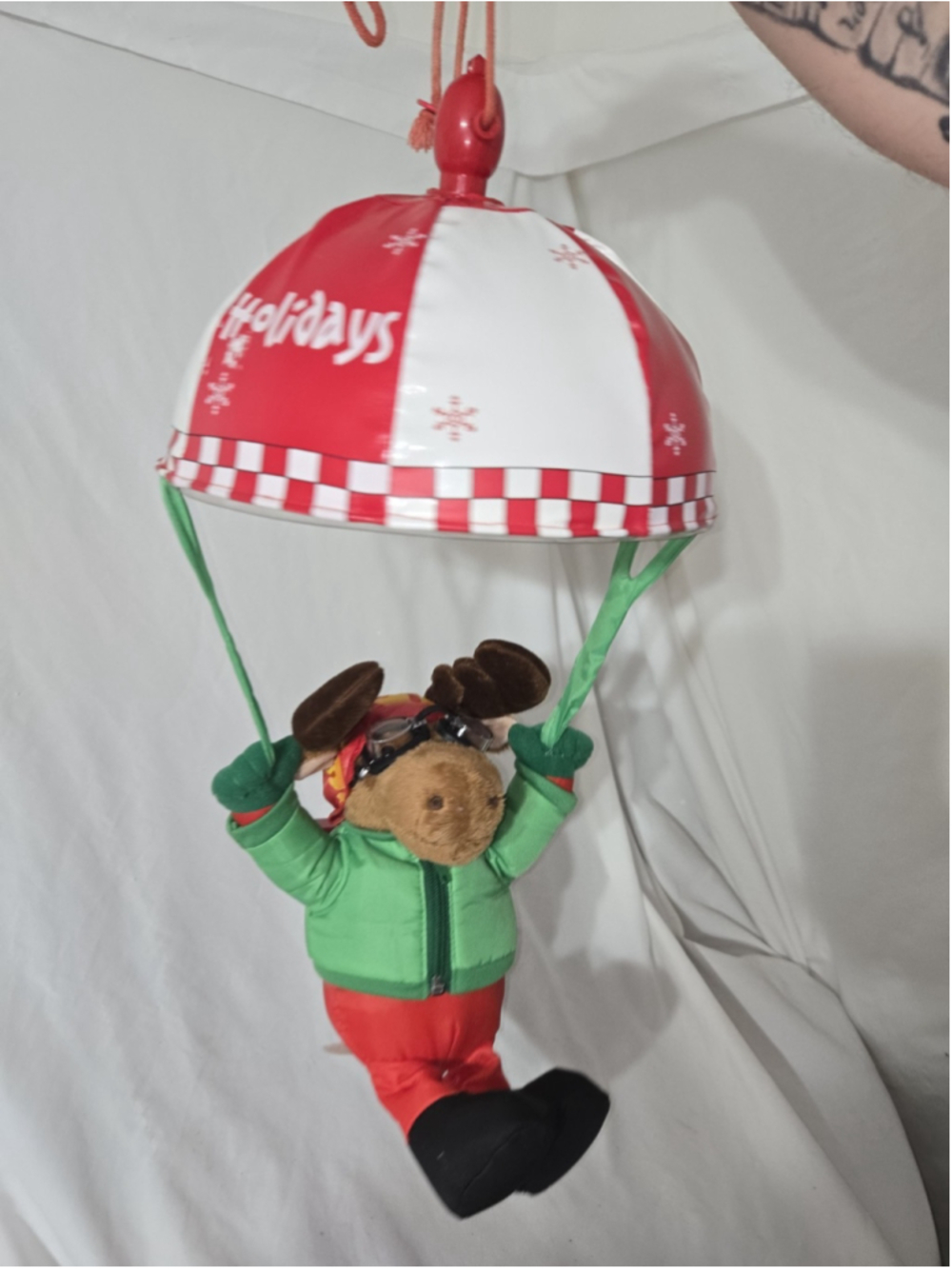 Vintage JCPenney Happy Holidays Parachuting Moose Christmas Plush Decor